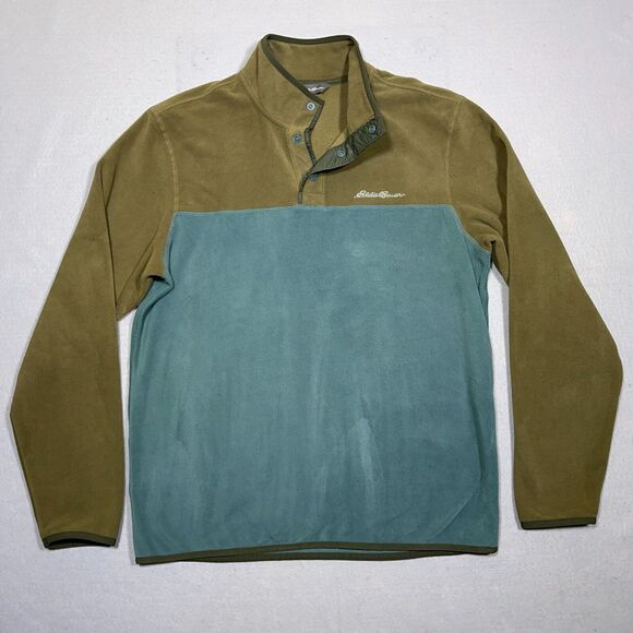 Eddie Bauer Pullover Fleece Men M Snap Neck Olive Green Teal‎ Lightweight - Picture 1 of 14